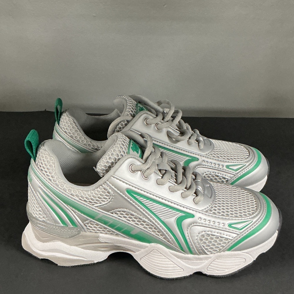 Women’s Steve Madden Speedster-E Silver and Green Sneakers